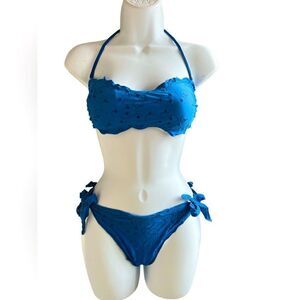 RAE Bikini Swimsuit Set In Color Royal Blue With Embroidered Decor Size L